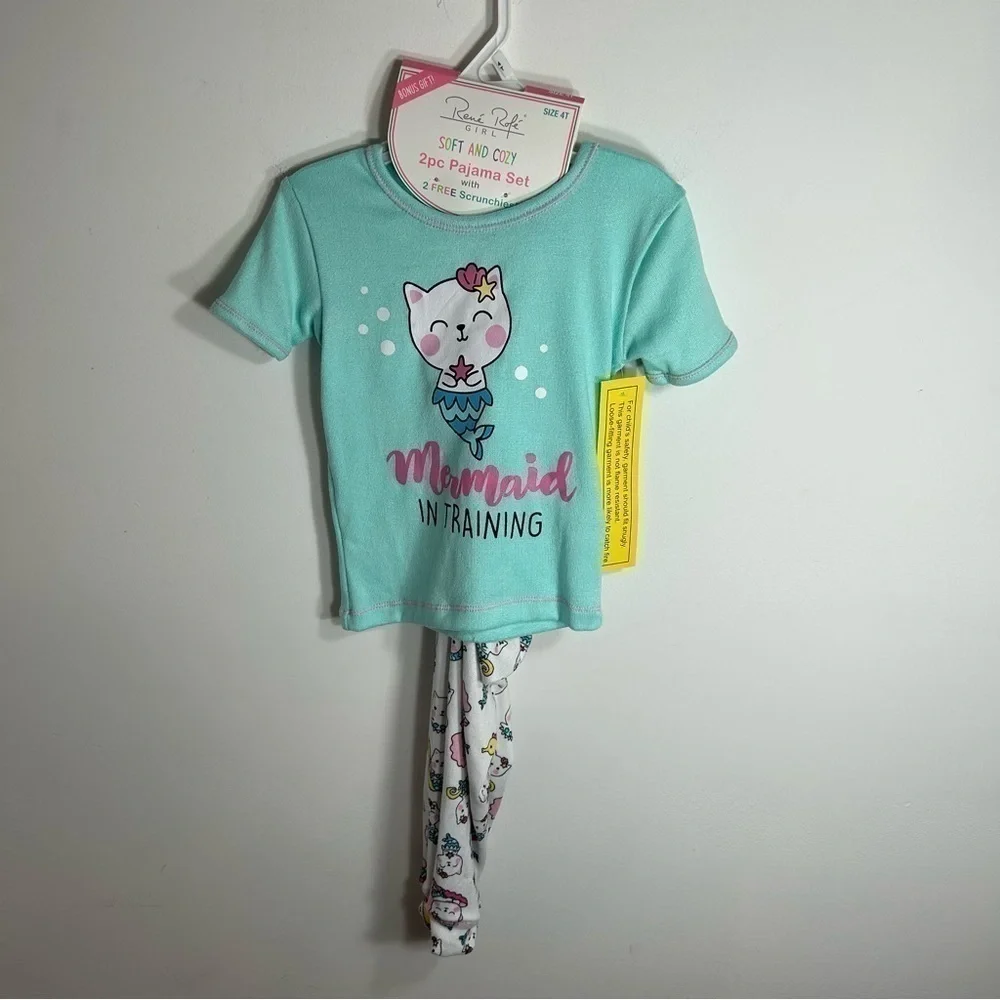 Mermaid in Training Cat Pajama Set NEW Rene Rofe Blue Pink 4T Girls